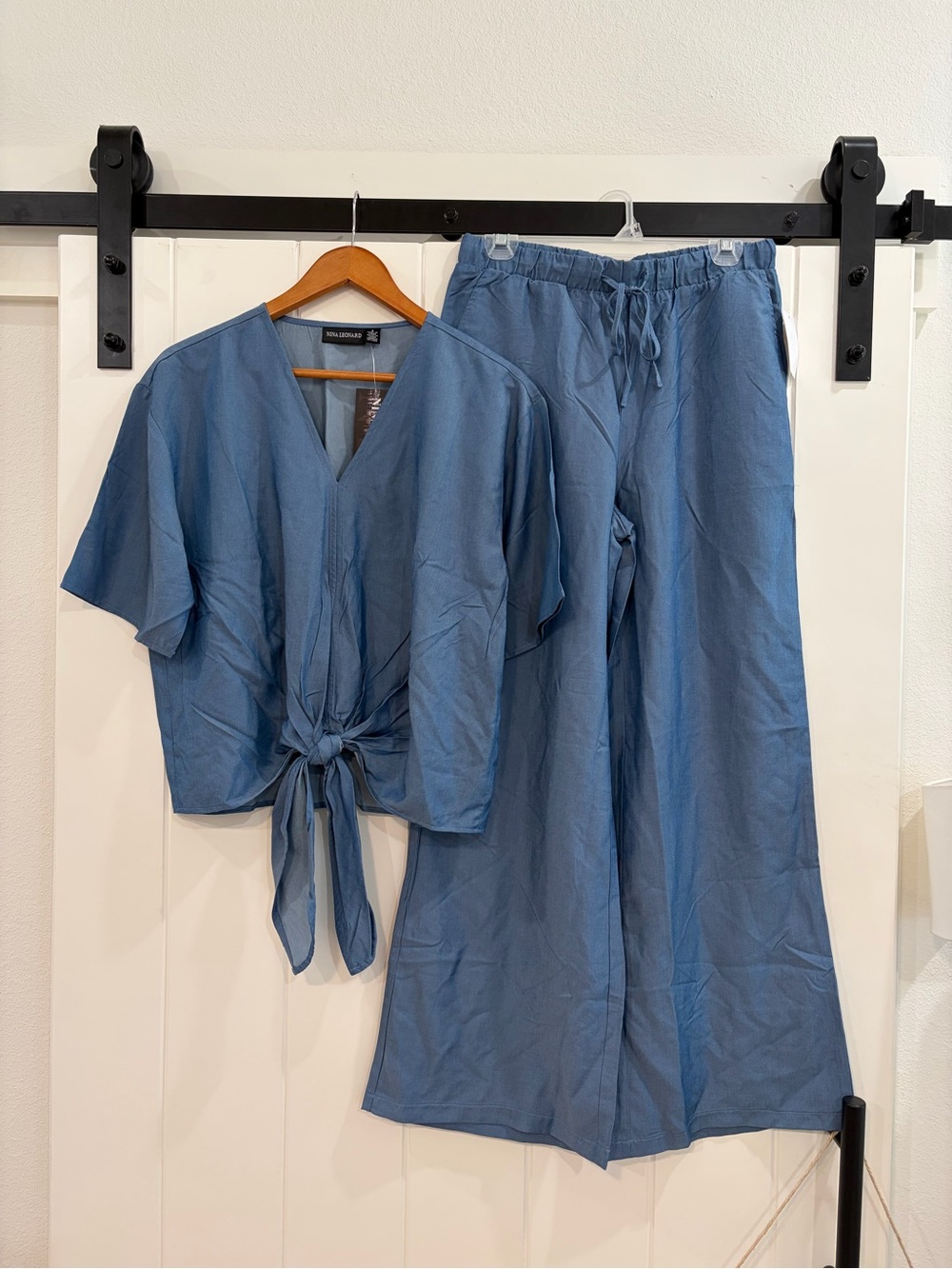 Nina Leonard Dusty Blue Tie-Front Top & Wide-Leg Pants Set